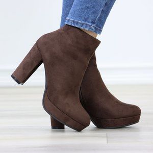 Brown Platform Suede Ankle Booties Block Heeled Boots